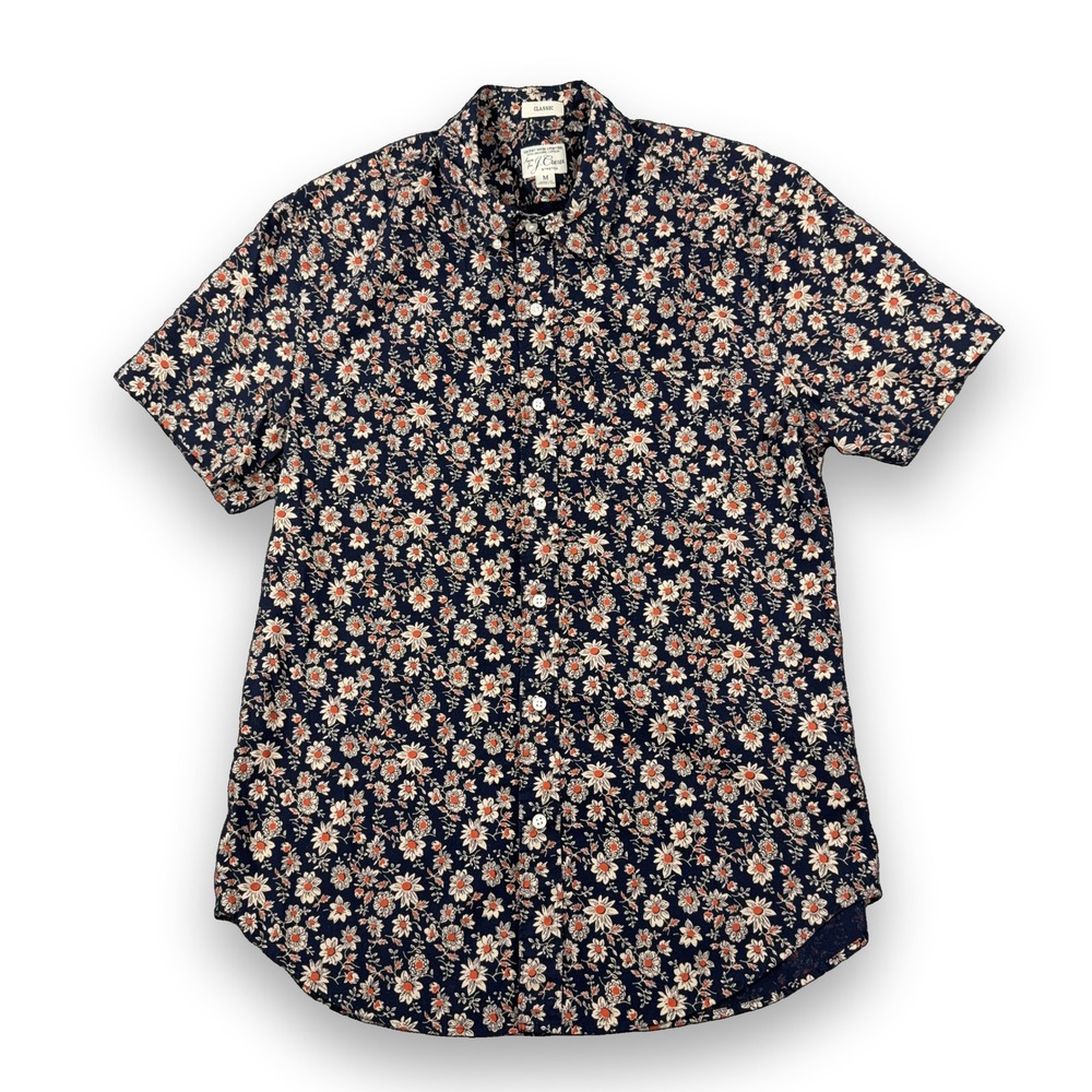 J.Crew Secret Wash Shirt Mens M Navy Floral Short Sleeve Cotton Button Down